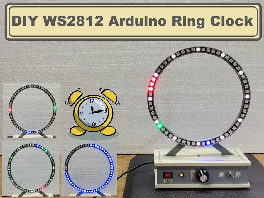 Finished WS2812B 60-LED ring clock glowing on a desk, showing hour, minute and second hands as coloured LEDs